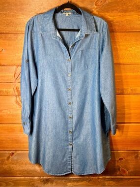 JODIFL 100% Cotton Denim Long Sleeve Shirt Jean Dress or Shacket Size Small 🌸